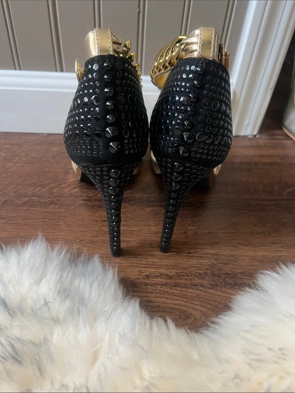 Fergie Gold Chain-Trim Ankle Strap Heels